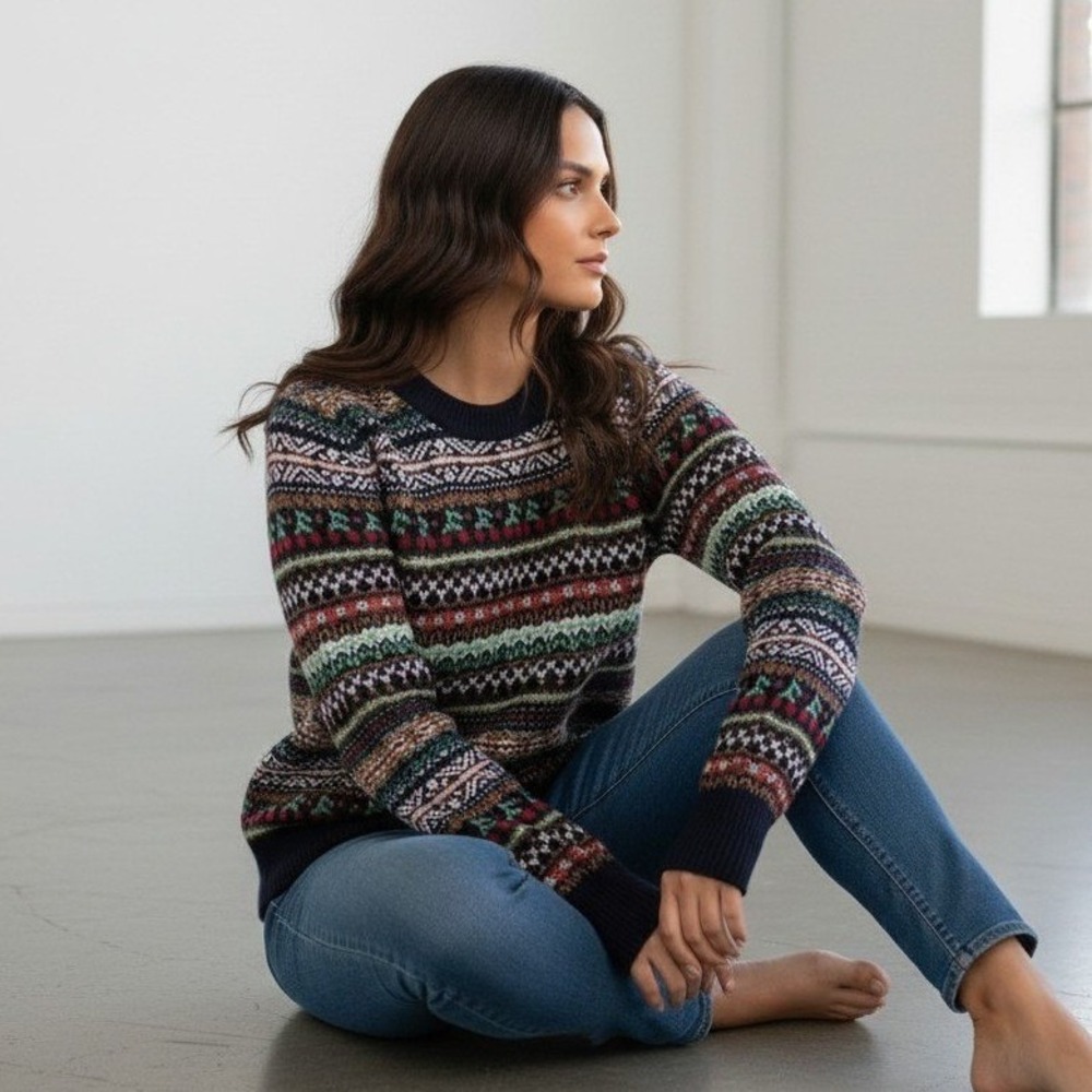 J.Crew Womens Fair Isle Cherry Lambswool Blend Sweater Navy Blue Multi Medium‎